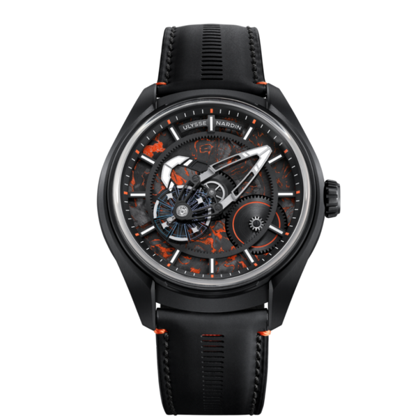 A Ulysse Nardin wristwatch with a black ceramic case, black strap, and a complex skeleton dial featuring orange and gray mechanical details.