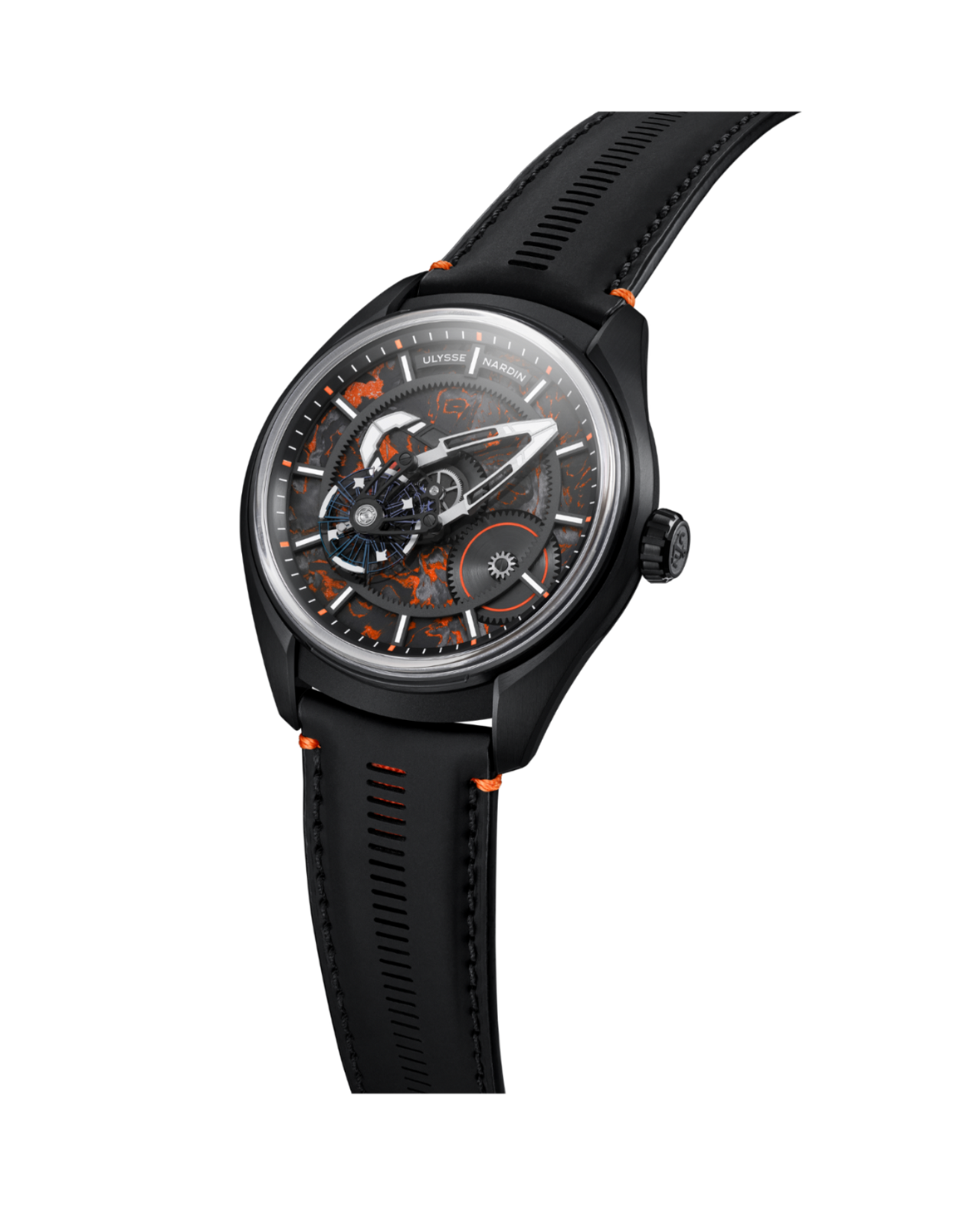 A black dialux watch with a black leather strap, featuring an open-heart design with orange accents and a black dial with silver and white details, shown on a white background.