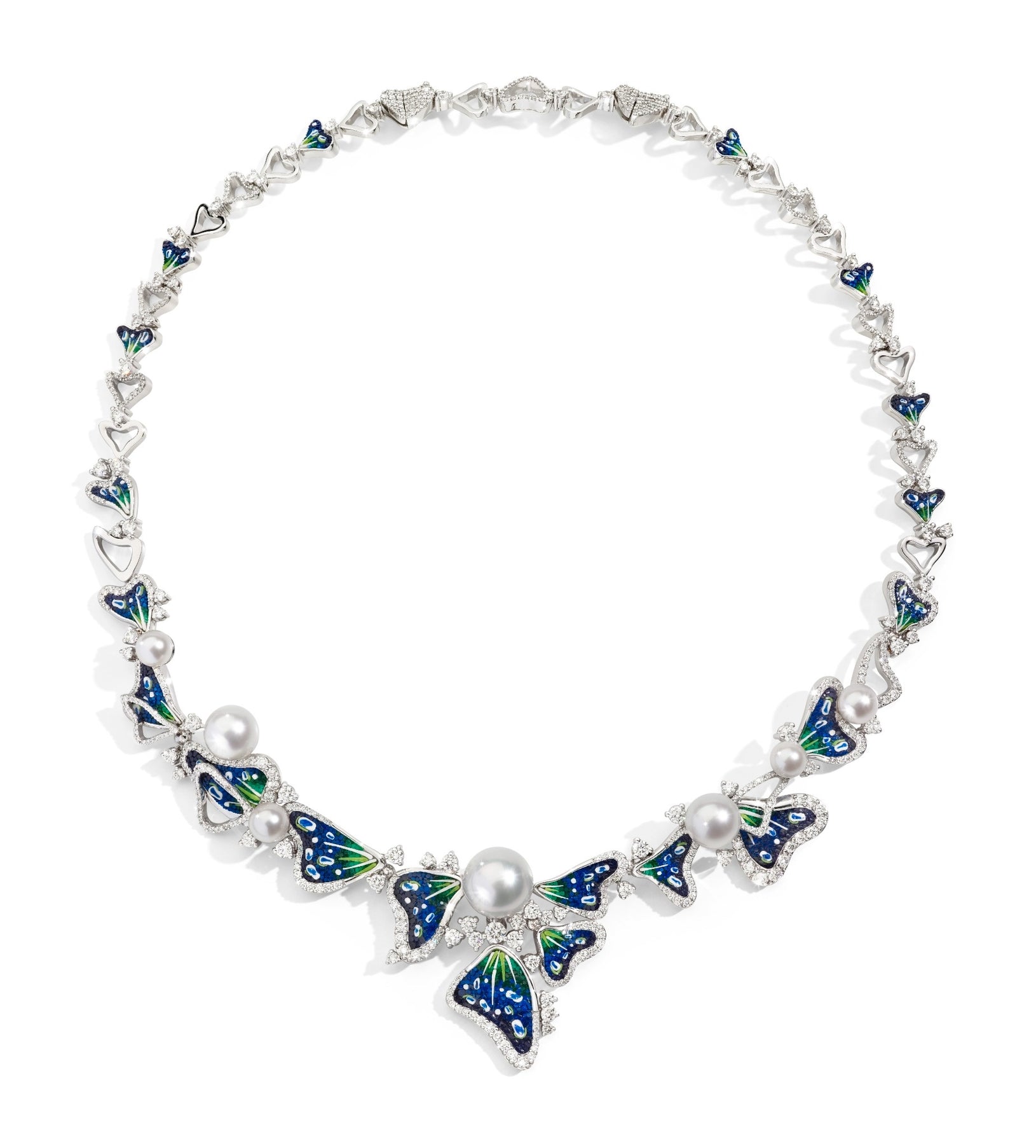 Necklace with butterfly designs and pearls on a white background