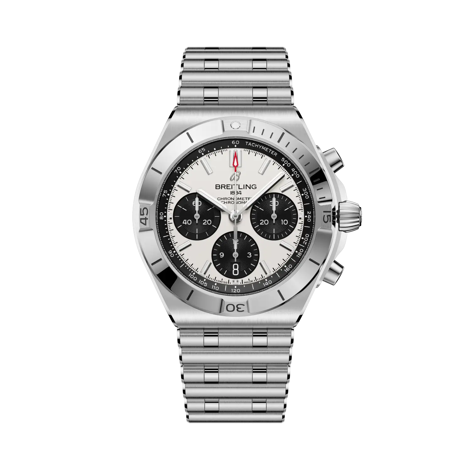 Silver Breitling watch with a white face on a white background