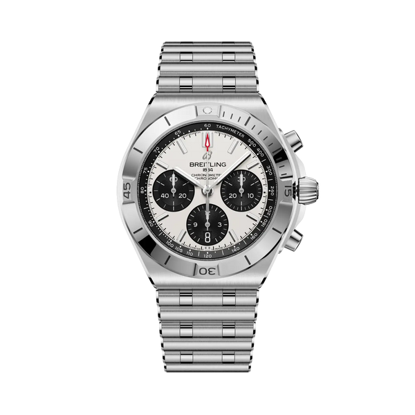 Silver Breitling watch with a white face on a white background