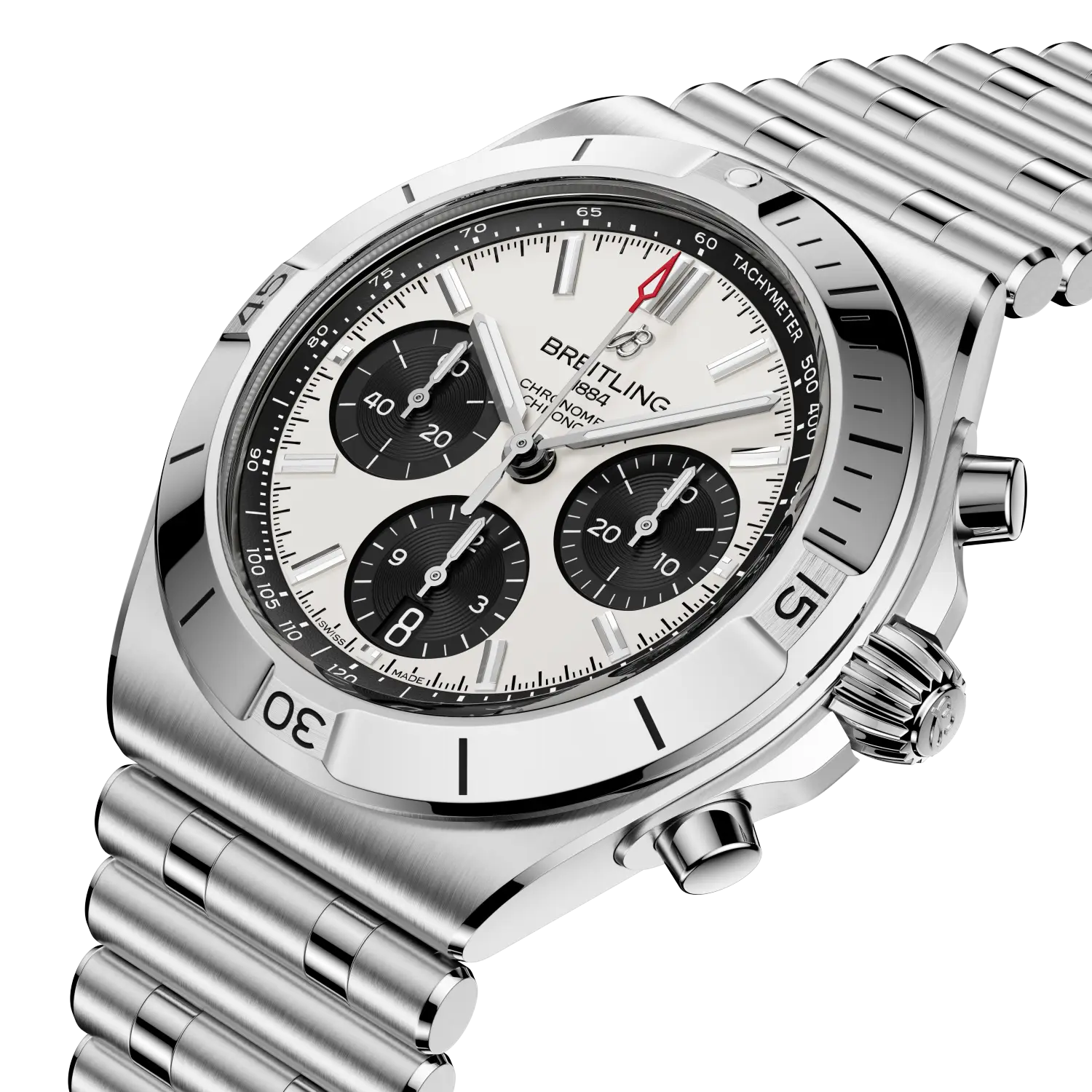 Silver Breitling watch with a detailed face on a white background