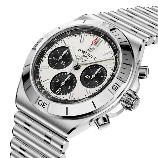 Silver Breitling watch with a detailed face on a white background