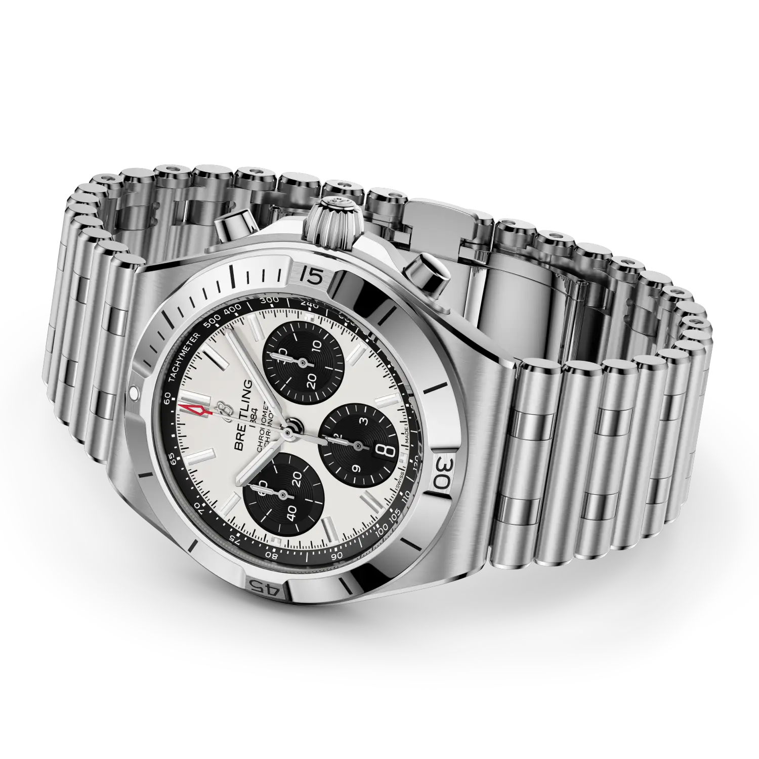 Silver Breitling watch with a detailed face on a white background