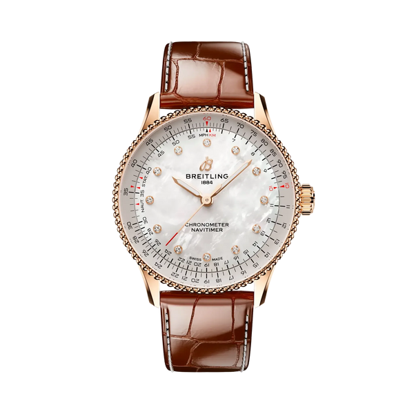 Navitimer Automatic 36- 18k Red Gold/ Brown Alligator Leather Strap/ White Dial - Provident Jewelry