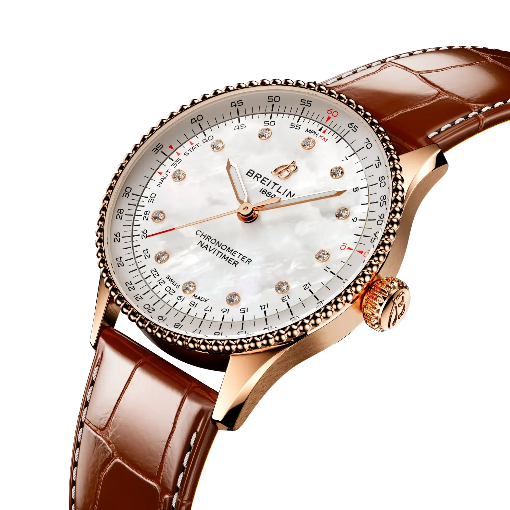Navitimer Automatic 36- 18k Red Gold/ Brown Alligator Leather Strap/ White Dial - Provident Jewelry