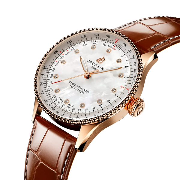 Navitimer Automatic 36- 18k Red Gold/ Brown Alligator Leather Strap/ White Dial - Provident Jewelry