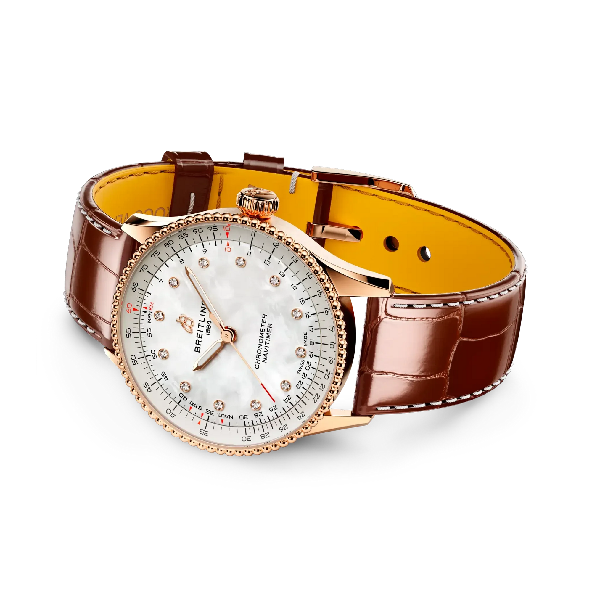Navitimer Automatic 36- 18k Red Gold/ Brown Alligator Leather Strap/ White Dial - Provident Jewelry
