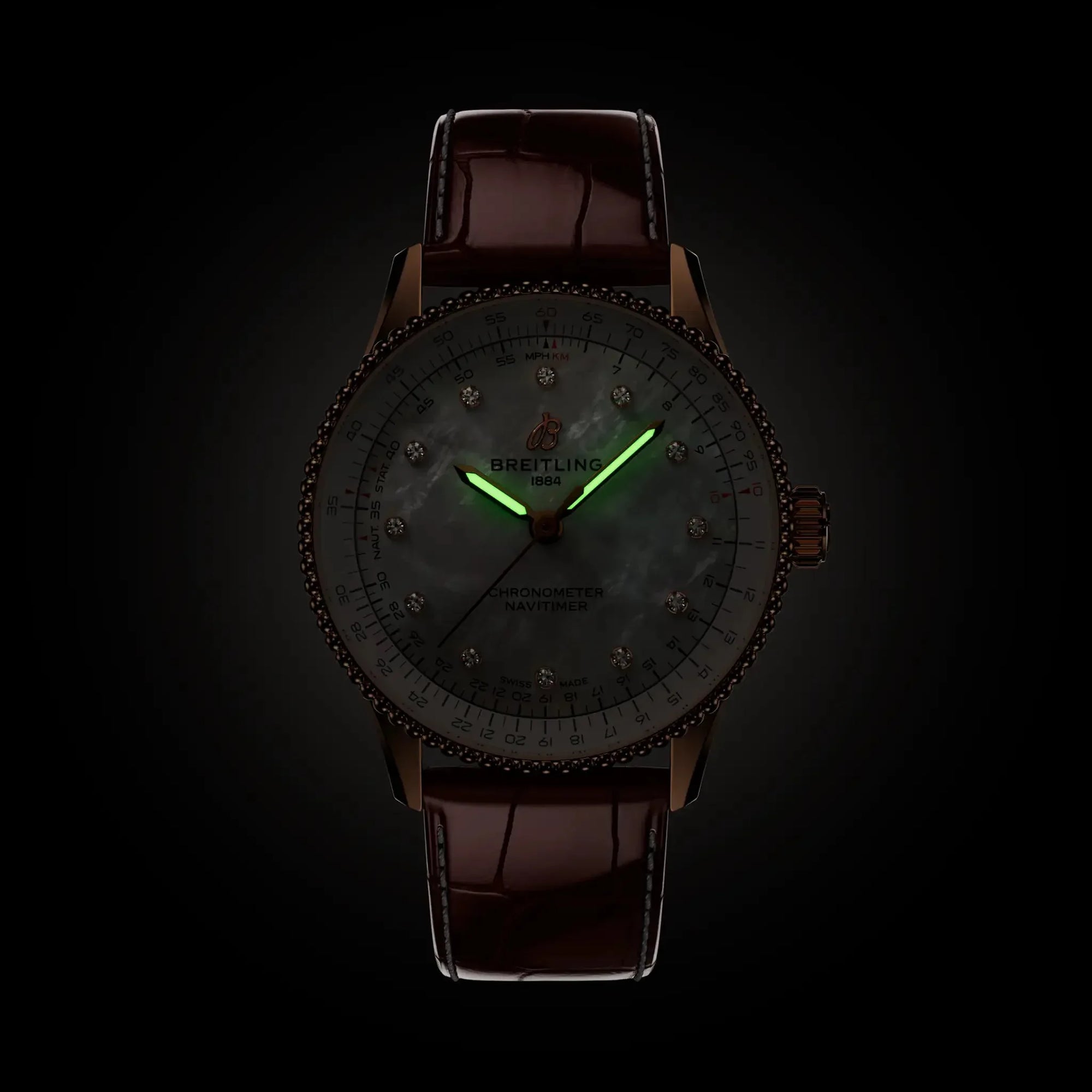 Navitimer Automatic 36- 18k Red Gold/ Brown Alligator Leather Strap/ White Dial - Provident Jewelry