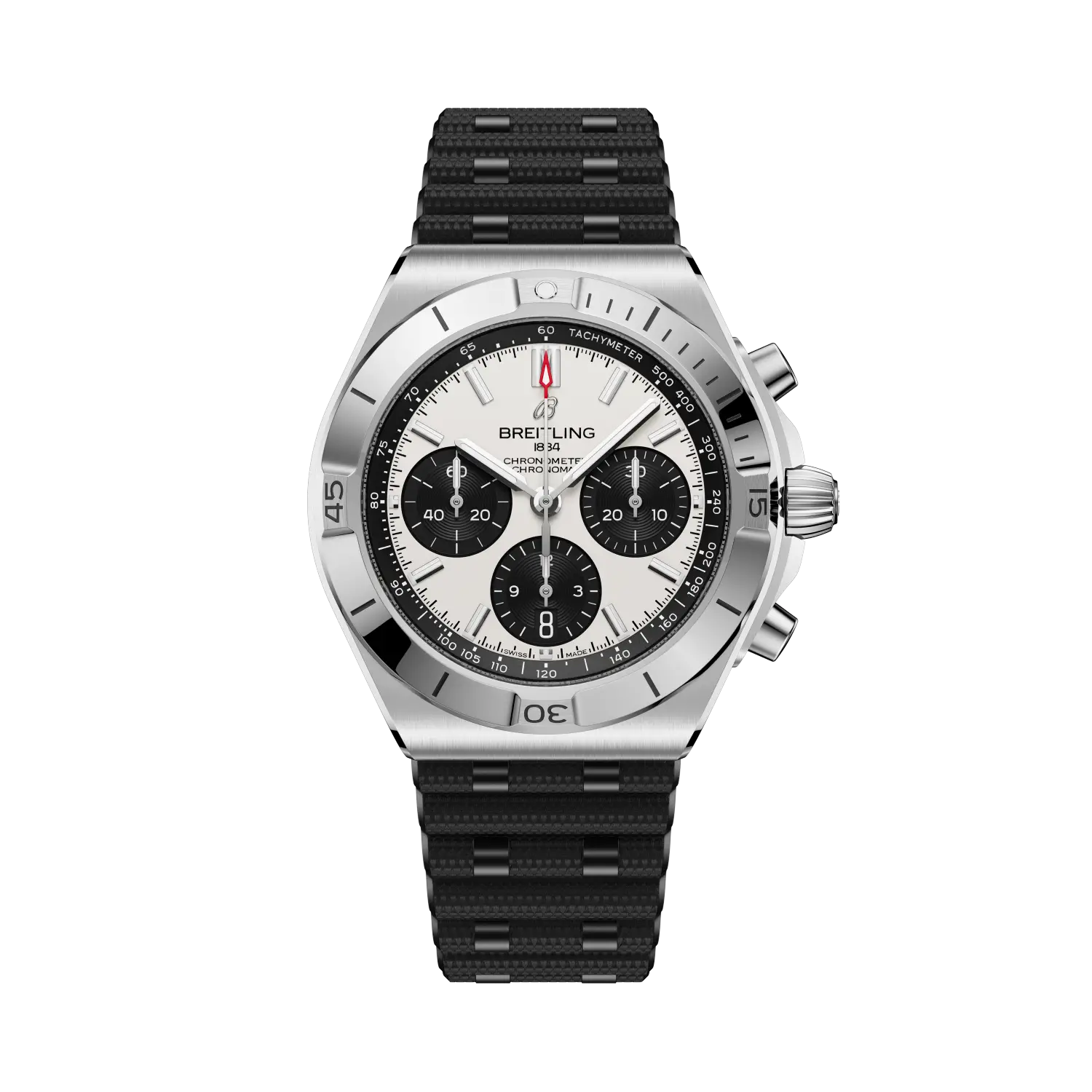 Breitling watch with black strap and silver case on a white background