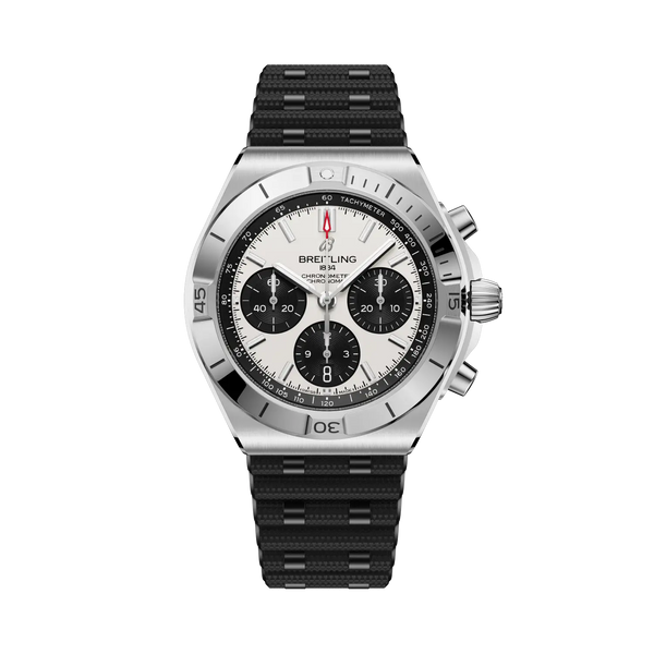 Breitling watch with black strap and silver case on a white background