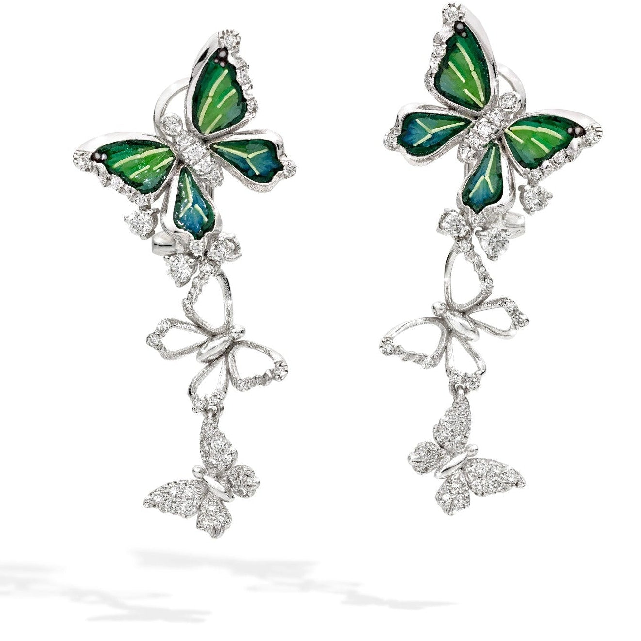 Butterfly-shaped earrings with green wings and silver accents on a white background