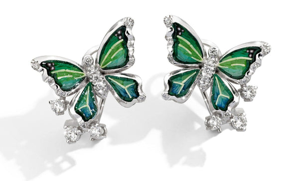 Butterfly-shaped earrings with green and blue design on a white background