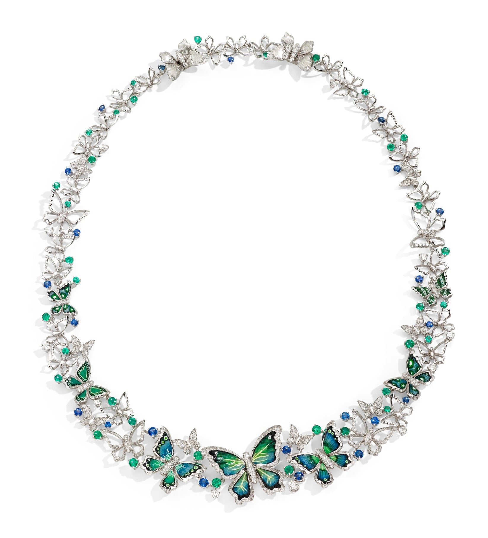 Butterfly-themed necklace with green and blue accents on a white background