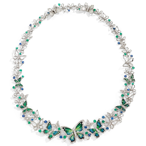 Butterfly-themed necklace with green and blue accents on a white background