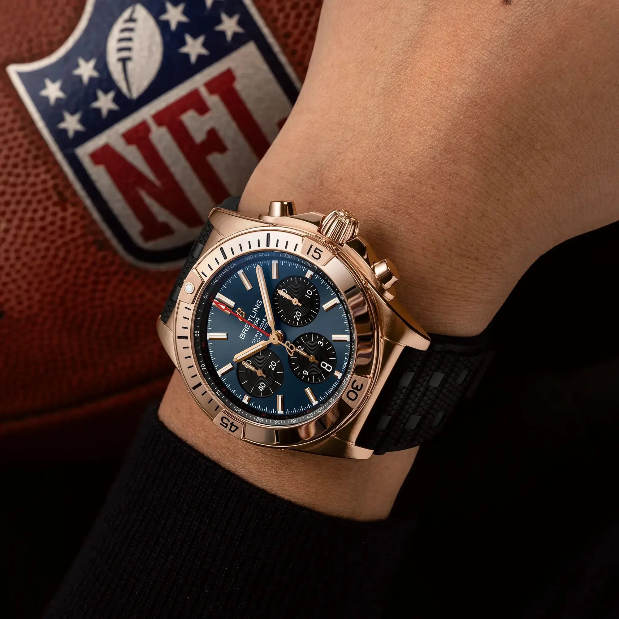 Chronomat B01 42 Super Bowl LVIII- 18k Red Gold/ Black - Provident Jewelry