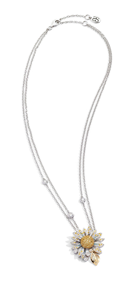 Necklace with a sunflower pendant on a white background