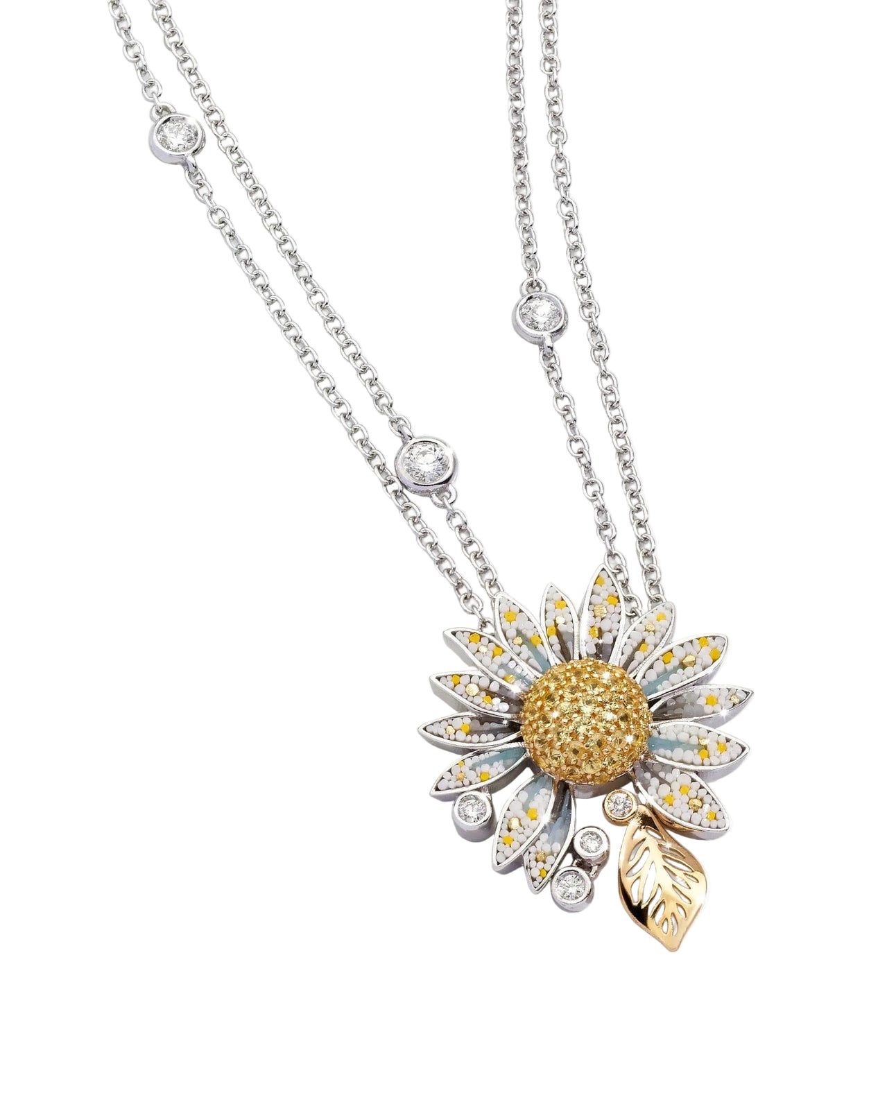 Necklace with a sunflower pendant on a white background
