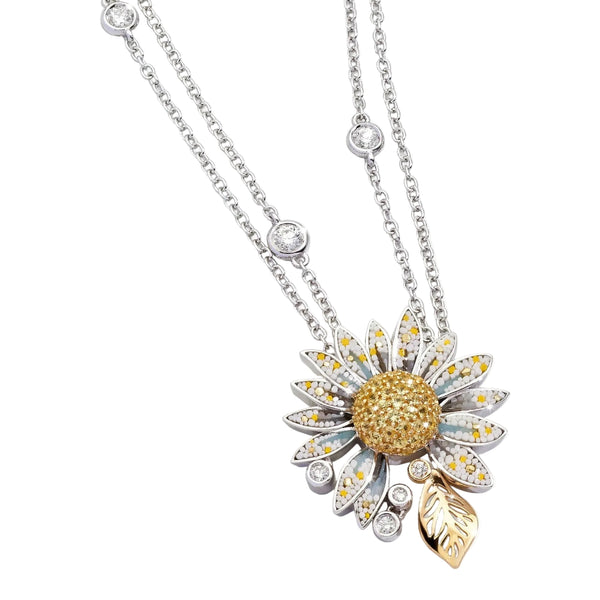 Necklace with a sunflower pendant on a white background