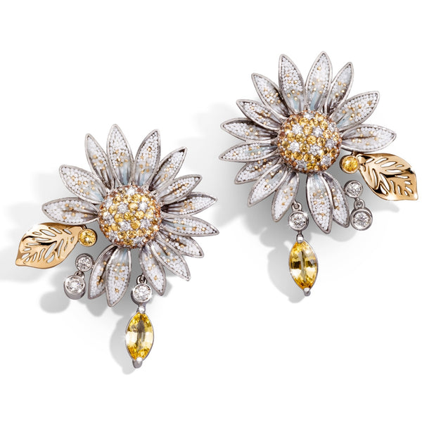 Floral-themed earrings with gold and silver details on a white background