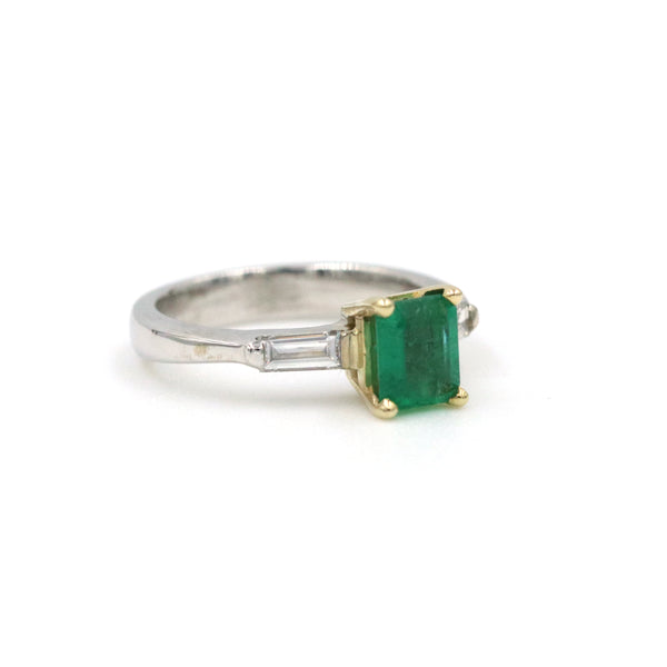14K White And Yellow Gold .90Ct Emerald (5.2mm x 6.3mm) And ~.20ctw  Emerald Cut Diamond Ring