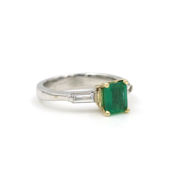 14K White And Yellow Gold .90Ct Emerald (5.2mm x 6.3mm) And ~.20ctw Emerald Cut Diamond Ring - Provident Jewelry