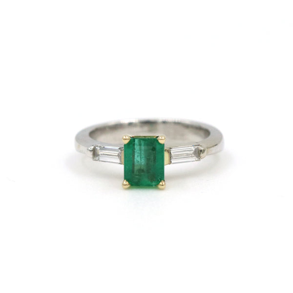 14K White And Yellow Gold .90Ct Emerald (5.2mm x 6.3mm) And ~.20ctw  Emerald Cut Diamond Ring Provident Jewelery