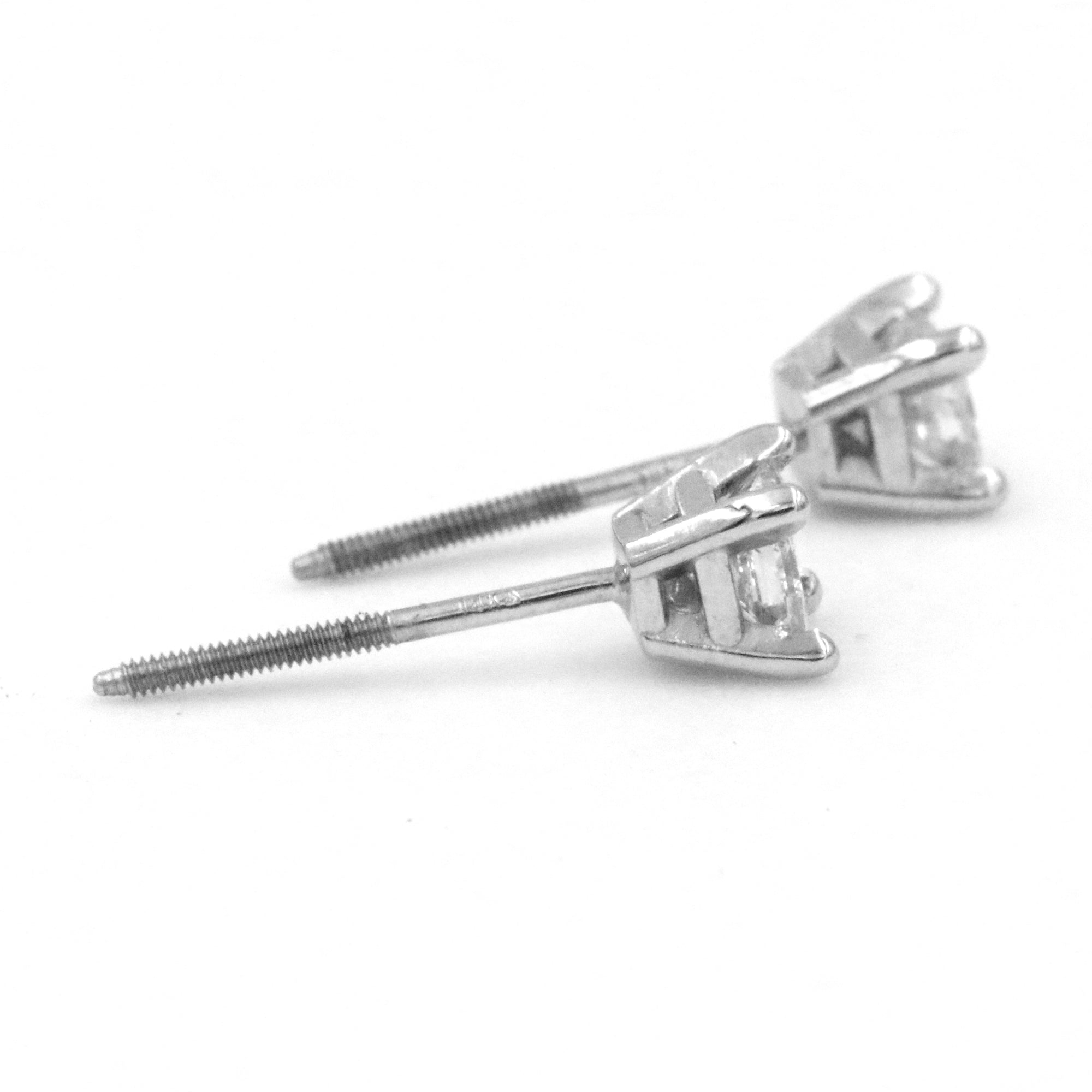14K White Gold ~.50ctw Princess Diamond Stud Earrings With Screw Backs
