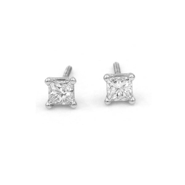 14K White Gold ~.50ctw Princess Diamond Stud Earrings With Screw Backs