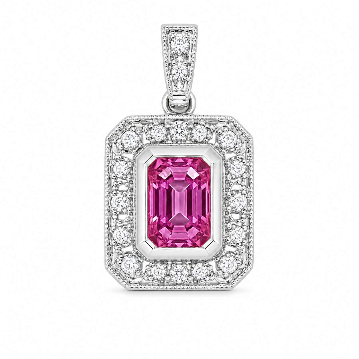 14K White Gold Rectangle Halo Pendant With Pink Sapphire And Diamonds