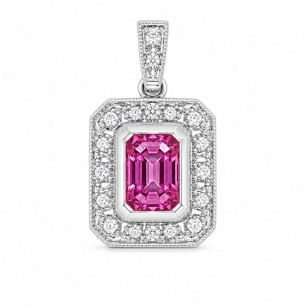 14K White Gold Rectangle Halo Pendant With Pink Sapphire And Diamonds