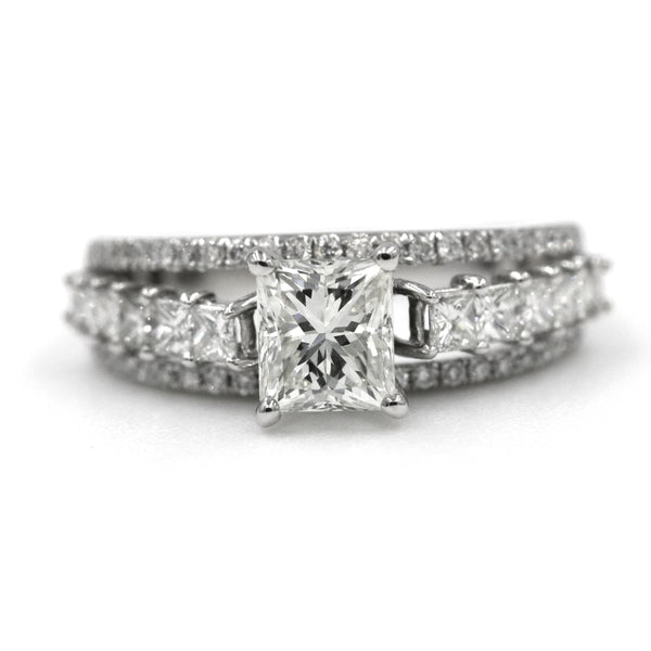 14K White Gold 1.02ct Radiant Cut Diamond (L/VS1) In A Three Row Round And Square Diamond Ring. D=.88ctw Provident Jewelery