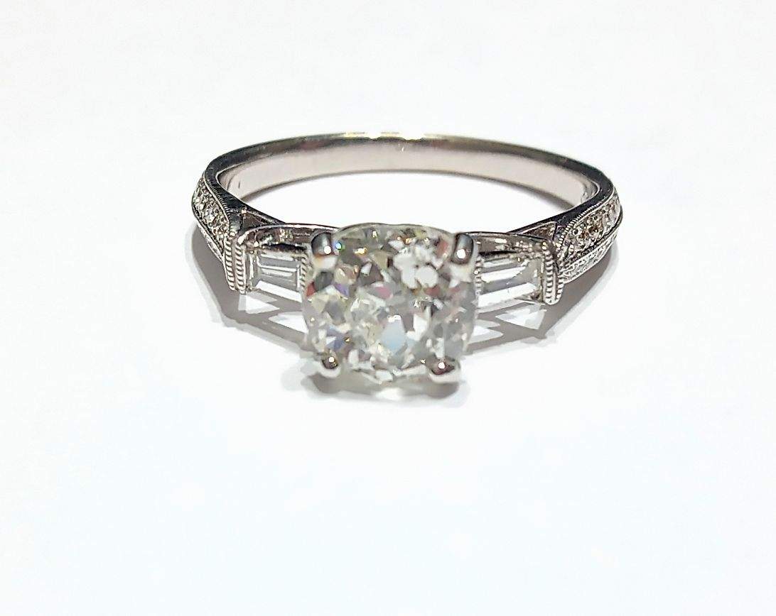 Old European Cut Diamond 1.58Ct (K/I1) , Set In 18k White Gold  Semi Mount Baguettes And Pave~.32ctw Provident Jewelery