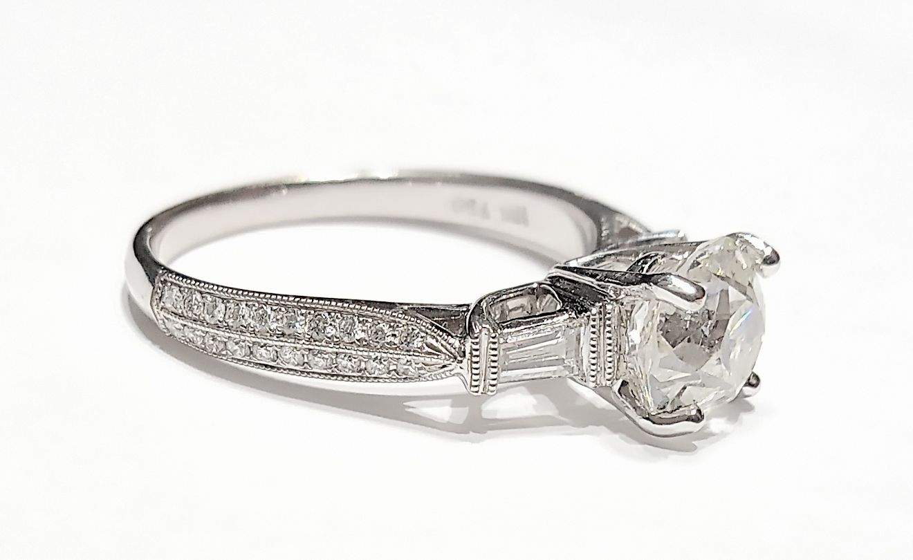 Old European Cut Diamond 1.58Ct (K/I1) , Set In 18k White Gold  Semi Mount Baguettes And Pave~.32ctw Provident Jewelery