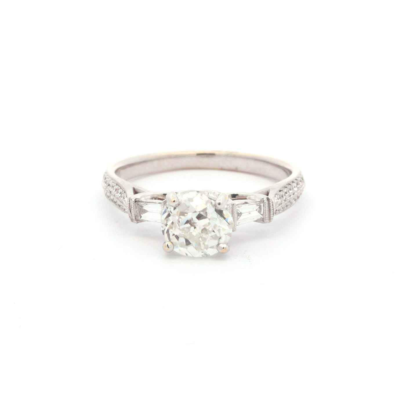 Old European Cut Diamond 1.58Ct (K/I1) , Set In 18k White Gold  Semi Mount Baguettes And Pave~.32ctw Provident Jewelery