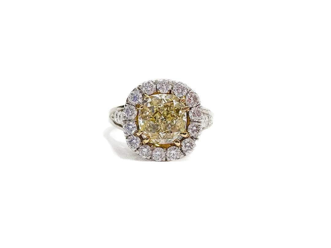 18K Yellow Gold/Platinum GIA Cushion Cut Fancy Light Yellow 1.62Ct Diamond Halo Engagement Ring Provident Jewelery