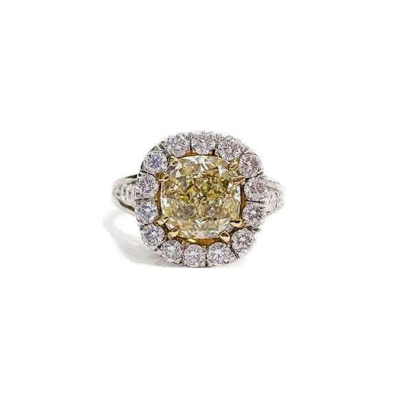 18K Yellow Gold/Platinum GIA Cushion Cut Fancy Light Yellow 1.62Ct Diamond Halo Engagement Ring