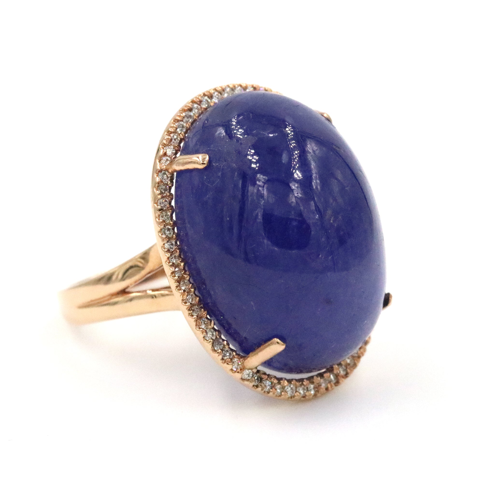 14K Rose Gold 63.38 Ctw Cabochon Tanzanite And ~.30ctw Diamond Ring. Provident Jewelery