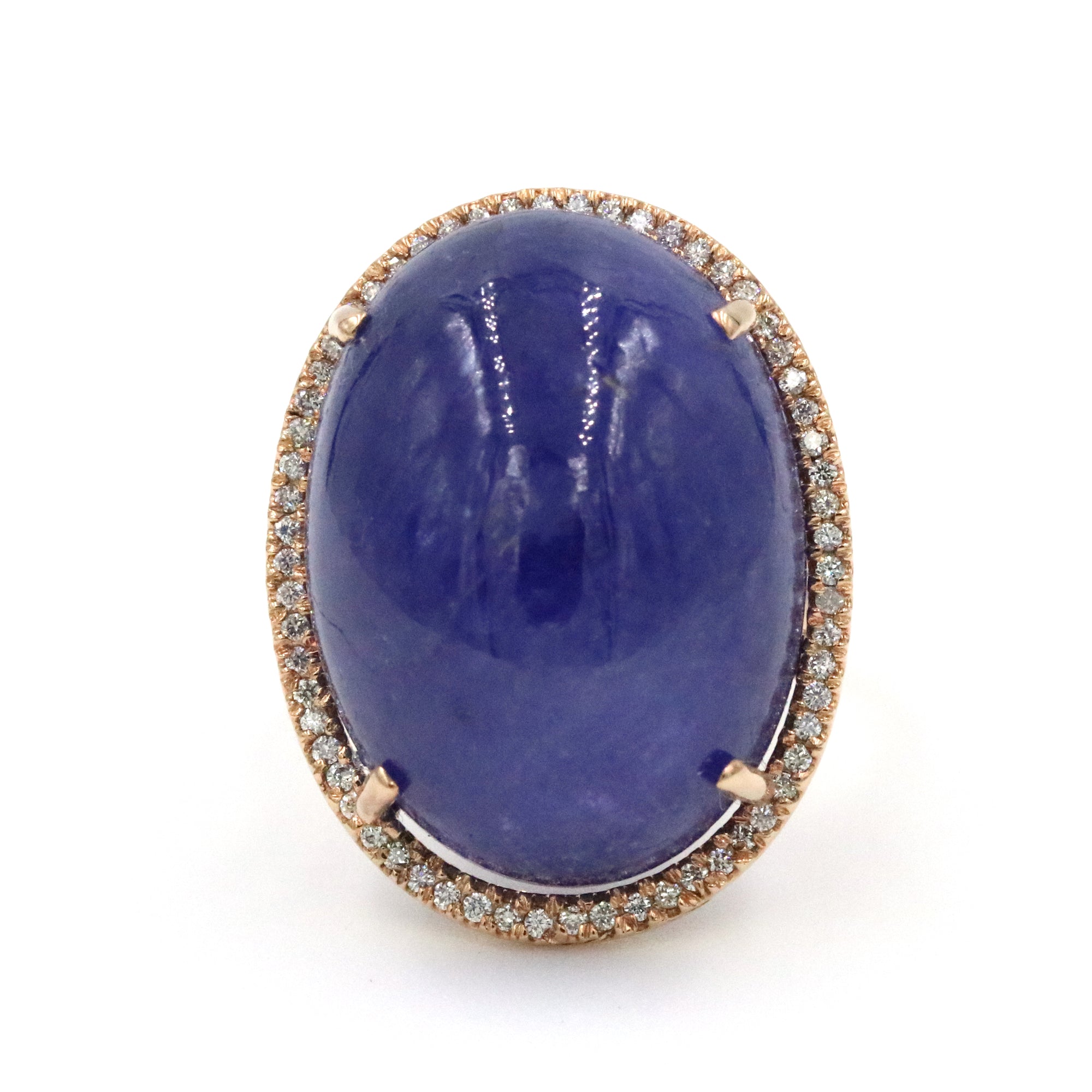 14K Rose Gold 63.38 Ctw Cabochon Tanzanite And ~.30ctw Diamond Ring. Provident Jewelery