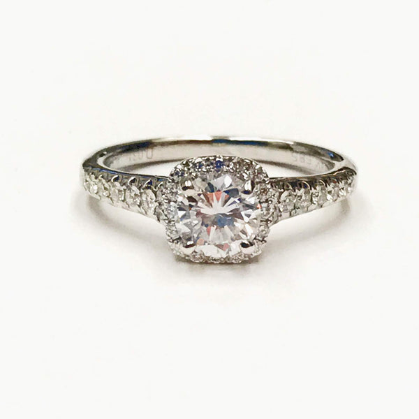 14K White Gold Radiant Cut  .72ct (H/I1) Diamond With Cushion Halo Diamond Engagement Ring. 32D=~.31Ctw