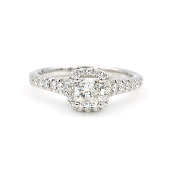 14K White Gold Radiant Cut  .72ct (H/I1) Diamond With Cushion Halo Diamond Engagement Ring. 32D=~.31Ctw
