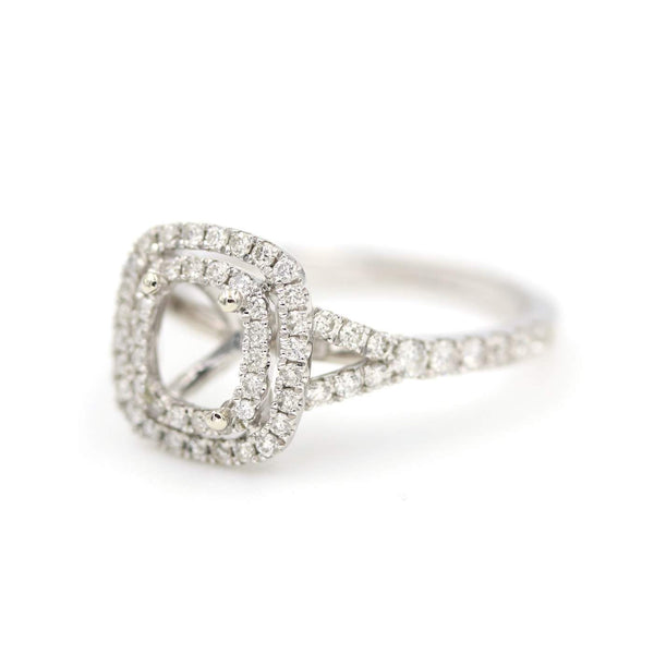 14K White Gold 1.06ct Cushion Cut Diamond (K/VS)Cushion Double Halo Diamond Ring. Mtg D=~.75Ctw