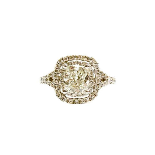 14K White Gold 1.06ct Cushion Cut Diamond (K/VS)Cushion Double Halo Diamond Ring. Mtg D=~.75Ctw