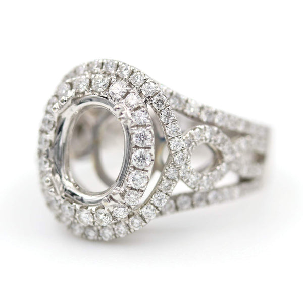 18K White Gold Oval Semi Mount Double Halo ~1.33ctw Diamond Criss Cross Shank