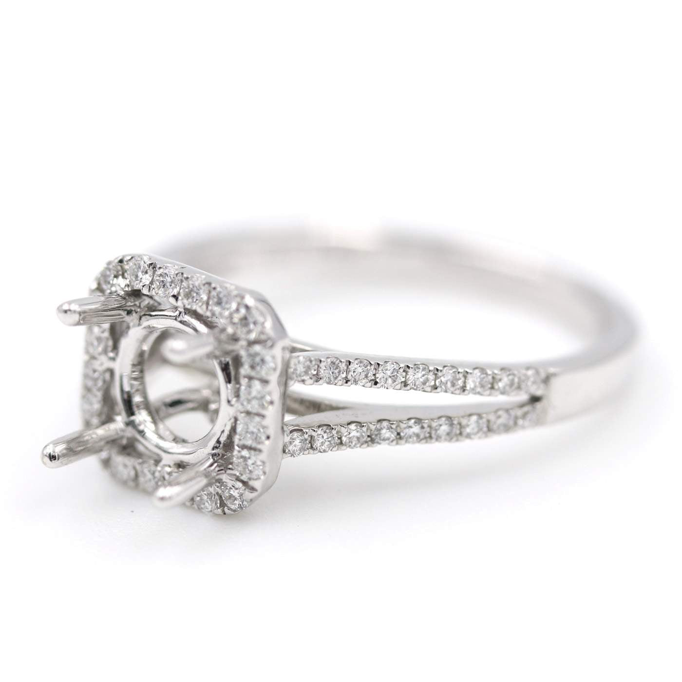 14kt White Gold Square Halo Split Shank Semi-Mount Diamond Engagement Ring Setting