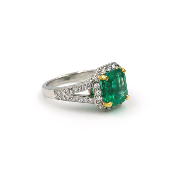 Platinum 3.25ct Emerald Cut Natural Colombian Emerald & Diamond Ring with AGL Report