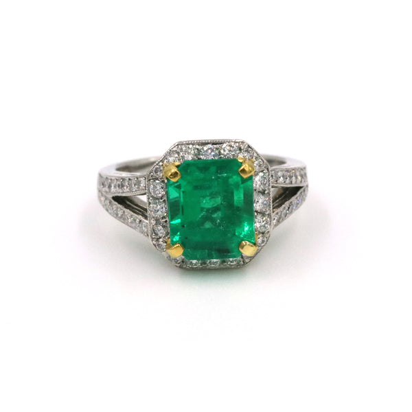 Platinum 3.25ct Emerald Cut Natural Colombian Emerald & Diamond Ring with AGL Report