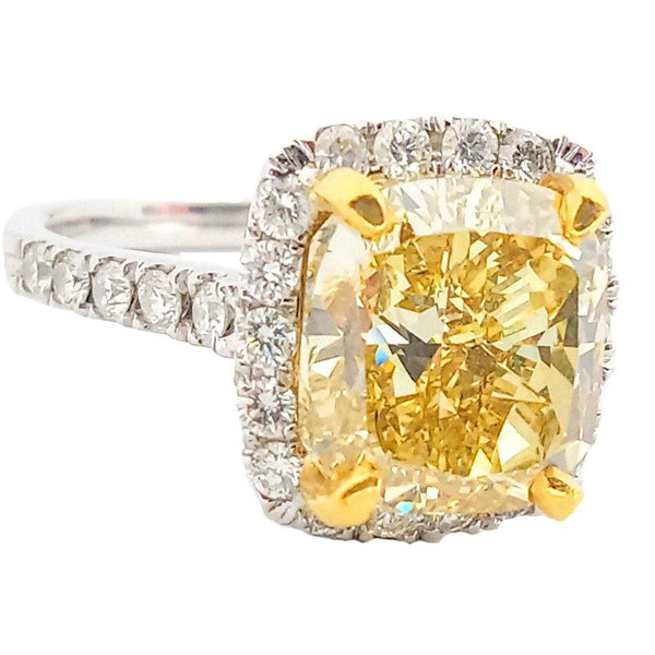Beautiful  18K White Gold GIA  Cushion Cut Natural Fancy Brownish Yellow 6.01Ct Diamond Halo Engagement Ring
