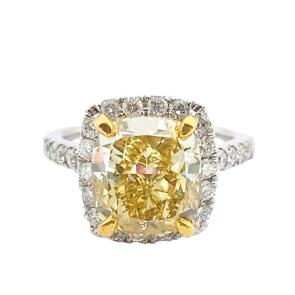Beautiful  18K White Gold GIA  Cushion Cut Natural Fancy Brownish Yellow 6.01Ct Diamond Halo Engagement Ring