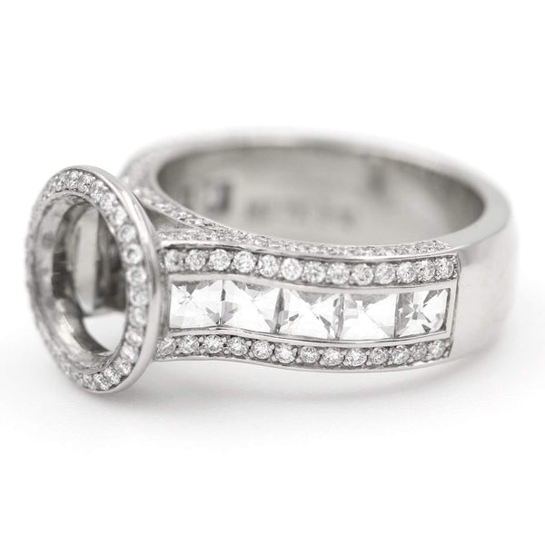 18K White Gold Bezel Ambar Tulip Mounting Pave Diamond Halo Bezel With Pave And Blaze Cut Shank D=2.05Ctw,*No Center Stone